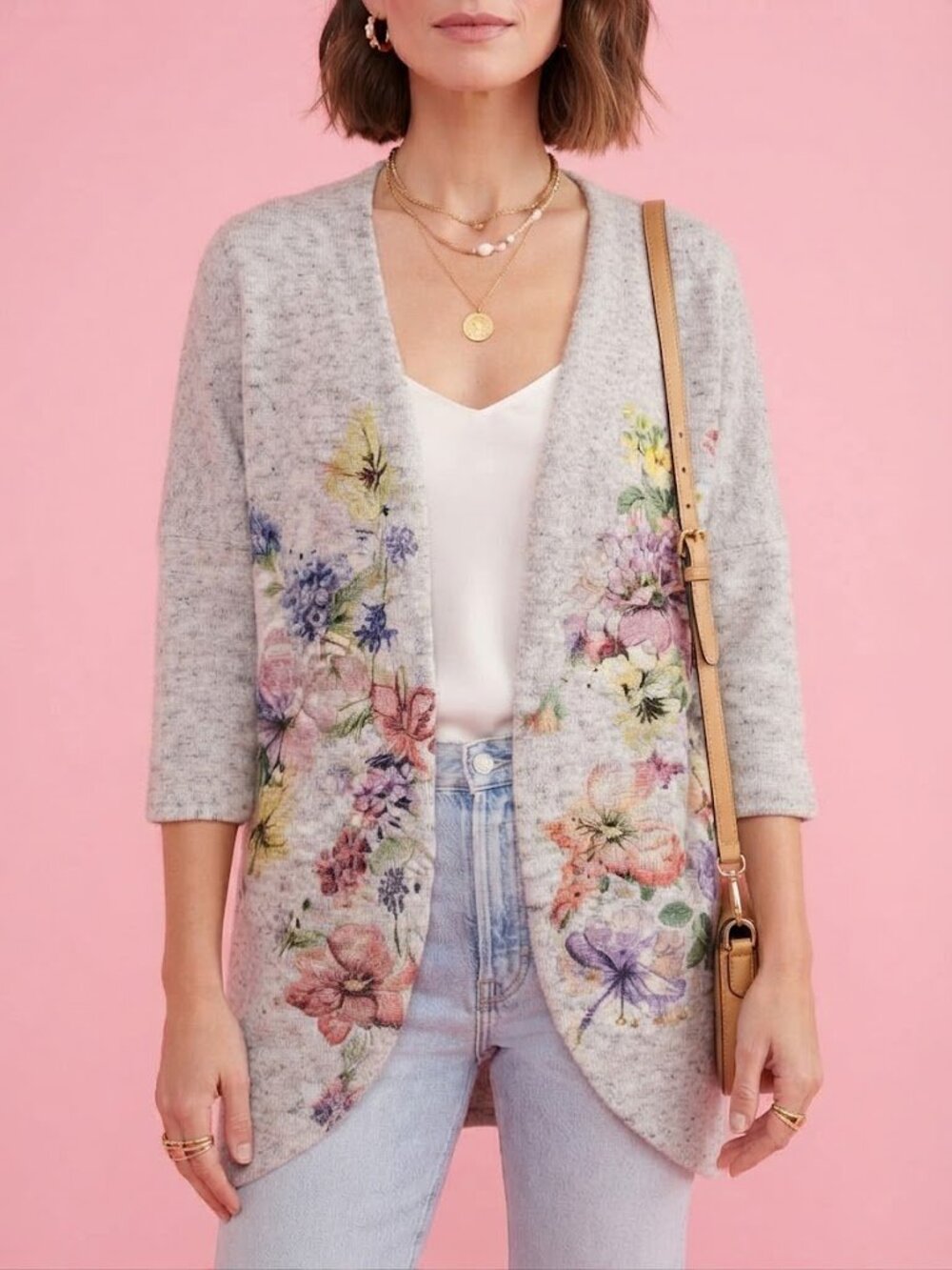Gray Floral Water Colour Open Cardigan